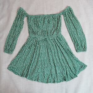 Asos Dress Womens 6 Green Polka Dot Long Sleeve Off The Shoulder Picnic Preppy